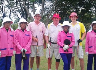 Mann & McBride on the mark at St. Andrews Kevin Fitzgerald with playing partners Capt’ Bob and Harry Moseley (right) and caddies at Burapha on Monday, April 25.