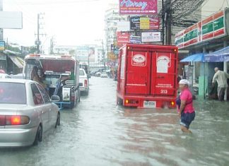 Another rain storm, another bout of uncontrolled flooding - torrential rain June 13 paralyzed downtown Pattaya, with knee-deep water drowning many of the sois between Beach and Second roads.