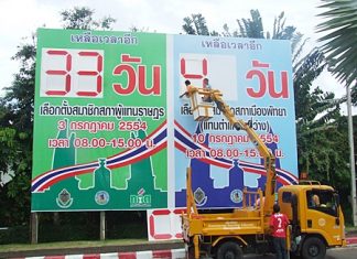Pattaya has installed signboards throughout the area to count down days until the national election on July 3 and the local election on July 10.