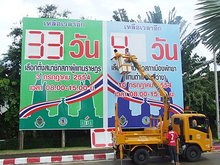 Pattaya has installed signboards throughout the area to count down days until the national election on July 3 and the local election on July 10. 