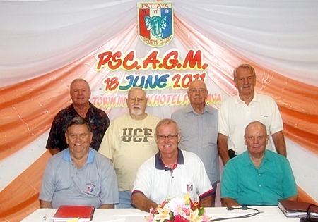 The 2011-12 PSC Committee members:  Standing (L-R) Joe Mooneyham (Golf), Paul Donahue (Secretary), Nigel Cannon (Social), William Macey (Charity); Seated (L-R) Bobby Clark (Vice President), Tony Oakes (President) and Bob Lindberg (Treasurer).