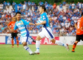 Pattaya United players celebrate after taking the lead against Chonburi FC at the Institute of Physical Education stadium in Chonburi, Sunday, May 29. (Photo/Ariyawat Nuamsawat)