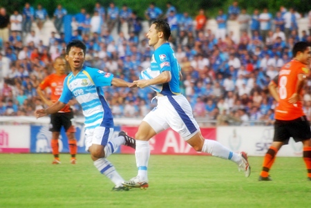 Pattaya United players celebrate after taking the lead against Chonburi FC at the Institute of Physical Education stadium in Chonburi, Sunday, May 29. (Photo/Ariyawat Nuamsawat)