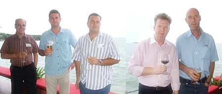 Enjoying a drink at sunset are (top left) Paul M Markham, Dan Cheeseman, Ian Harrison, (top right) Raymond O’Reilly, Armin Walter, (bottom left) Jan Nuyten, Elmar Kieiner, (bottom right) Joe Cox and Mark Bowling.