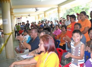 Srinual’s supporters (foreground) cheer early, but it was Sompong’s supporters (background) who managed the last cheer when Sompong was re-elected mayor of Najomtien.