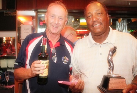 Ed Wyckoff (right) receives the monthly award from Lewiinski’s Golf Manager Colin Davis.