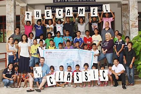 The Camel Classic Charity Golf Tournament organisation team of Bob, Rod, Tong and Vanessa present a cheque for 540,000 baht to the staff and children at the Camillian Centre in Rayong.  The money raised this year was a record for the event. 