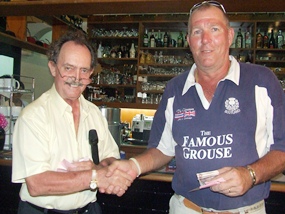 Stephen Beard (left) accepts a generous donation from Neil Sandilands for the Baan Jing Jai charity.