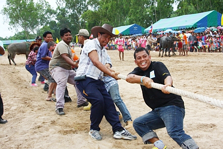 Men test their meddle in the tug of war competition.