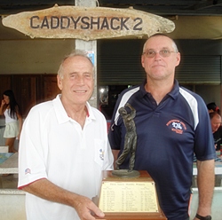 Dale Murphy (left) holds the monthly winner’s trophy alongside Mark Millar. 