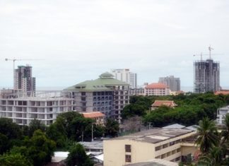 Building cranes dot the skyline as construction of new condominium projects continues apace on Pratumnak Hill, south Pattaya.