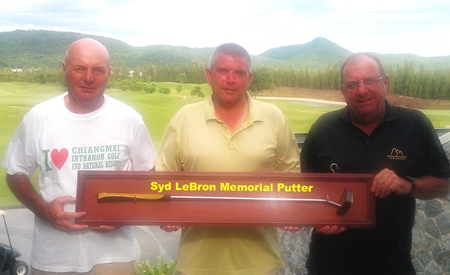 Mark Reid (centre) was the winner of the Syd LeBron Memorial Putter with 108 points from Phil Waite (right) with 104 points and Steve Mann (left) with 103. 