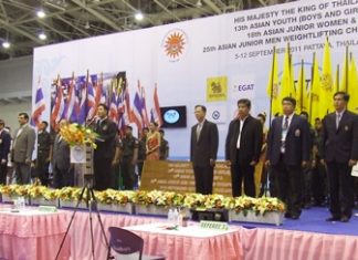 Pattaya Mayor Itthipol Kunplume presides over the opening ceremony of the International Youth Weightlifting Championships on Monday, Sept. 5 at the Pattaya Indoor Sports Arena.