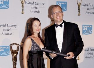 Marinique Truter (left), executive manager, World Luxury Hotel Awards and Harald Feurstein (right), general manager of Hilton Pattaya at the World Luxury Hotel Awards Gala in Zagreb, Croatia on September 16, 2011.