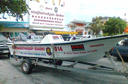 The sleek and sturdy 19 foot vessel adorned in the Sawang Boriboon Thammasathan Foundation colours, a day before she left on her maiden humanitarian mission.