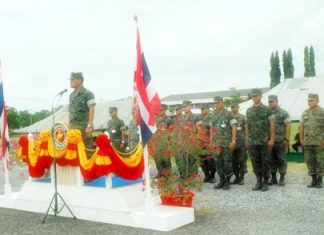 Marine Corps commander Rear Adm. Sompong Sungsuwan addresses 488 troops slated for duty in Pattani, Yala and Narathiwat.