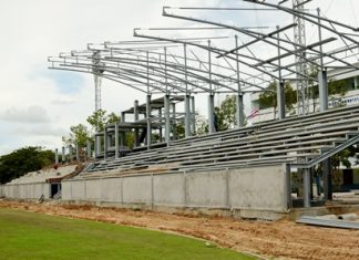 Construction work continues on the new main stand at Nongprue Stadium as workers race against the clock to have it completed ahead of schedule.