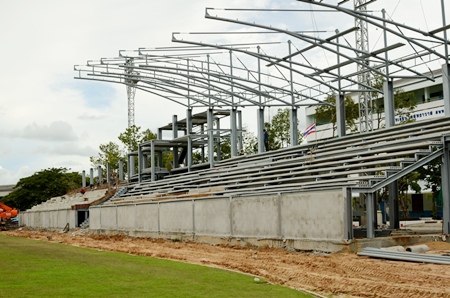 Construction work continues on the new main stand at Nongprue Stadium as workers race against the clock to have it completed ahead of schedule.