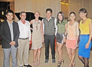 Stars of the new Channel 7 TV drama entitled ‘The Deadline’ were seen enjoying themselves at the Pullman Pattaya Aisawan Hotel & Resort recently. (L to R) Tawan Jaroojinda; Serge Rigodin, resident manager of Pullman Aisawan; Cecilia Pitre, promotions manager; Nopphon Phitaklohphanich; Woranuch Bhirombhakdee; Emmy Klinprathum and Marisa Annita.