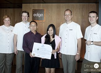 Kanthicha Pichaikamchornvud (3rd left) stands proudly with her father Wallop Pichaikamchornvud as she receives the top prize in the hotel’s promotional campaign ‘Dine ‘n’ Fly with Hilton Pattaya’. Her prize included return airfare for two, two nights’ accommodation and daily breakfast at Conrad Koh Samui. On hand to witness the handover were Peta Ruiter, Director of Business Development, Michel Scheffers, Director of Operations, Harald Feurstein, General Manager, Hilton Pattaya and Simon Bender, Food & Beverage Manager.