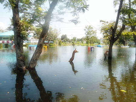 The water at the inundated playground at the Rangsit Babies Home reached alarmingly high levels.