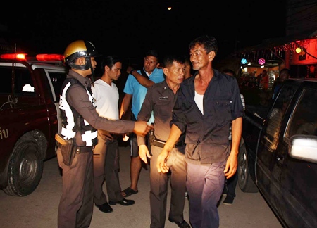 Navy police break up the shooting and bring in Sombat “Pooyai Pae” Zupcharoen for questioning.