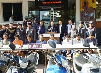 Police bring out for the press a gang of motorcycle thieves who allegedly sold bikes to Burmese smugglers for as little as 2,000 baht.