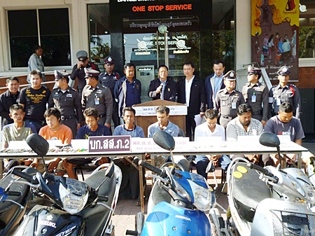 Police bring out for the press a gang of motorcycle thieves who allegedly sold bikes to Burmese smugglers for as little as 2,000 baht.