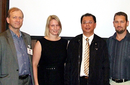 From left: Simon Landy, Executive Chairman of Colliers International (Thailand) and Vice Chairman of the BCCT, Abigail Evans, Executive Transport Planner for Meinhardt (Thailand), Dr. Chula Sukmanop PhD, Inspector General for the Ministry of Transport and Mark Carroll, Executive Director of Austcham, pose for a photo at the conclusion of the meeting held at the Amari Orchid Resort & Tower, Pattaya.