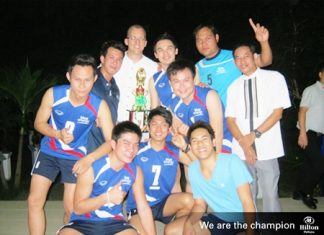 Harald Feurstein, General Manager of Hilton Pattaya (standing 3rd left) poses for a photo with the victorious Hilton Pattaya male volleyball team.