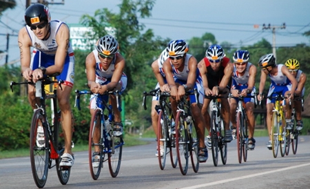 Stephane Bringer leads the elite triathletes during the cycle stage of the Laem Mae Phim Triathlon 2011. 