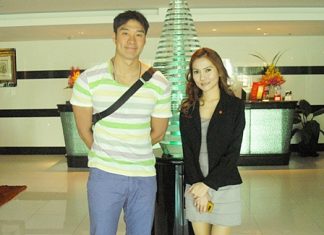 The dashing and much sought Thai model Nithichai Yosamornsoontorn (left) was recently welcomed to the Amari Nova Suites Pattaya by Natsathida Thanatulsutanant, the hotel manager.