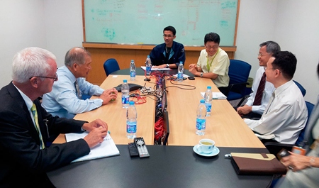 (L to R) Meeting at Celestica are Ulrich Werner (Director of International Development at Asian U), Dr. Viphandh Roengpithya (Asian U President), Ekasin Boonman (Executive Assistant to Senior VP of Asia Operation), Pichai Duangtaweesub (Senior Vice-President of Asia Operation), Dr. Apichat Tungthangthum (Dean Faculty of Engineering & Technology at Asian U), Assoc. Prof. Dr. Danai Torrungrueng (Assoc. Dean Faculty of Engineering & Technology at Asian U). Not in the photo are Panit Nilubol (Vice-President Asian U), Chinnawut Panyapatchoto (Senior Test Engineer), and Teerad Sengphairogh (Celestica HR). 
