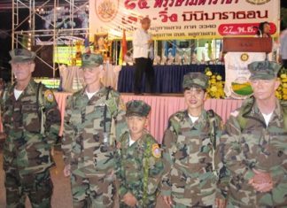 Sattahip’s Mini-Marathon Walk-Run Young Marines Pattaya participants, left to right: Jim Coomes, Rad Mays, Pvt. Bret Mays, Nok Mays and Joe Ferral.