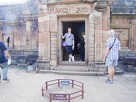 PCEC Member Judith Edmonds admiring the view from a Phanom Rung Castle doorway.