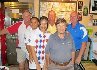 The scribe Derek Brook (at his age) holding onto the bar with Alan Sullivan, Brian Parrish, Mick O’Meara, Pu ‘The Boss’ and the ‘New Girl’.