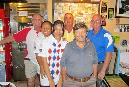 The scribe Derek Brook (at his age) holding onto the bar with Alan Sullivan, Brian Parrish, Mick O’Meara, Pu ‘The Boss’ and the ‘New Girl’.  