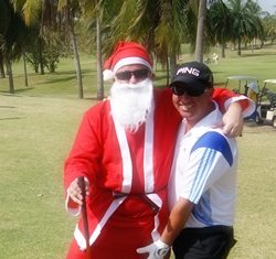 Derek gets some last minute tips from Santa before his victory on Saturday.