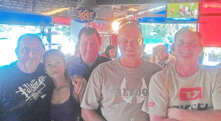 Neil Lavery (centre right), Brian Maddox (centre left), Carl Luke (right) and Phil Waite (left) relax at the Outback after Friday’s golf.