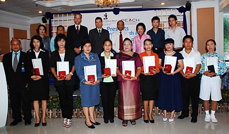 Panga Vathanakul (back row 3rd right), Managing Director of the Royal Cliff Hotels Group recently awarded nine employees from various departments with the Long Service Award and one employee from the Chief Station-Beach Hotel with the Star CARE Certificate of Appreciation.  The Long Service Award is bestowed upon loyal employees who have devoted 20 years of valuable work and dedication to the hotels group.