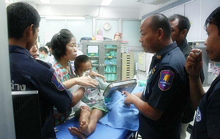 Hospital emergency room staff had to sedate the boy in order to cut the machine off his arm.