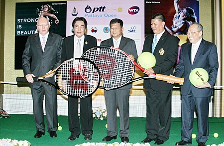 (Left to right) Geoffrey Rowe (Tournament Director); Ronakit Ekasingh (Deputy Mayor of Pattaya City); Sarun Rungkasiri (PTT Public Company Limited); Sakon Wannapong (Sports Authority of Thailand) and Chatchawal Supachayanont (General Manager Dusit Thani Pattaya) attend the press conference to announce the tournament, Friday, Jan. 6 in Bangkok. 