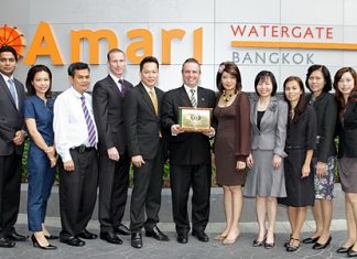 Pierre Andre Pelletier (center), GM of the Amari Watergate Hotel, Bangkok and his management team pose proudly with their ‘ASEAN Green Hotel Recognition Award 2012’ which the hotel received during the ASEAN Tourism Forum held in Manado, Indonesia recently. The awards are presented to hotels that implement eco-friendly principles in their operations. The award is a sign of appreciation and recognition of tourism stakeholders for adopting the ASEAN Green Hotel Standards into their services.