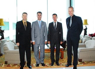 Royal Cliff Hotels Group welcomed H.E. Dr. Johannes Peterlik (2nd left), Ambassador of Austria to Thailand and Rudolf Hofer (2nd left), Honorary Consul of the Austrian Embassy in Pattaya on their visit to the resort recently. On hand to welcome them were Royal Cliff General Manager Joachim Grill and Royal Wing Suites & Spa General Manager Klaus Bodo Hund (right).