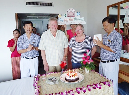 Regular guest Barry Taylor was treated to a lovely birthday cake during a small party held by the staff of the Montien Hotel, Pattaya on the occasion of his 75th birthday recently. Regular guest Barry Taylor was treated to a lovely birthday cake during a small party held by the staff of the Montien Hotel, Pattaya on the occasion of his 75th birthday recently.