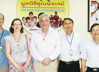 The Father Ray Foundation recently welcomed visitors from the Thai Children’s Trust who were making their annual visit to Thailand. The London based Trust is the UK’s largest charitable organisation supporting projects in Thailand. Andrew Scadding (center), CEO and Adele Kierens (second left), fundraiser at the Trust were welcomed by Brother Denis Gervais (left), Father Peter (second right) and Father Michael Picharn (right) of the Father Ray Foundation.