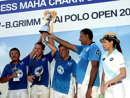Tournament winners La Sarita raise the Princess Cup trophy after winning the 2012 BMW-B.Grimm Thai Polo Open final.