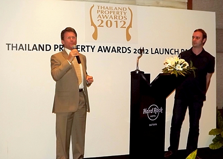 Clayton Wade of Premier Homes Real Estate (left) and Terry Blackburn, the CEO of Ensign Media (right), launch the Thailand Property Awards 2012 at the Hard Rock Hotel Pattaya, Friday, Feb. 10.