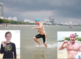 Nic Wilson (main photo) races home under stormy skies, wining the 3.5 km swim across Pattaya Bay. 10-year-old Erika Heltne (left) won the short fun swim, whilst Aleksei Balykov (right) won the 1.3 km intermediate swim. The true winners, however, are the children as proceeds from the event will go to ensure clean water, education and a chance for a better future for those less fortunate in our community.