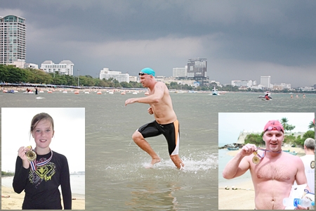 Nic Wilson (main photo) races home under stormy skies, wining the 3.5 km swim across Pattaya Bay.  10-year-old Erika Heltne (left) won the short fun swim, whilst Aleksei Balykov (right) won the 1.3 km intermediate swim.  The true winners, however, are the children as proceeds from the event will go to ensure clean water, education and a chance for a better future for those less fortunate in our community. 